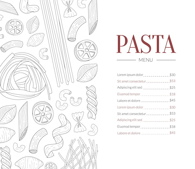 Modèle de menu de pâtes Plat de cuisine italienne traditionnelle Menu de restaurant et de café Illustration vectorielle dessinée à la main