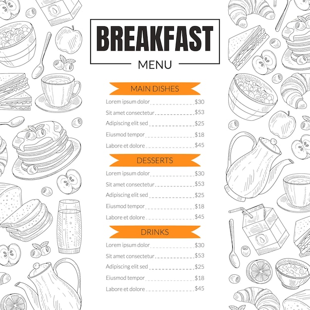 Vecteur modèle de menu de petit déjeuner pour restaurant avec des aliments dessinés à la main