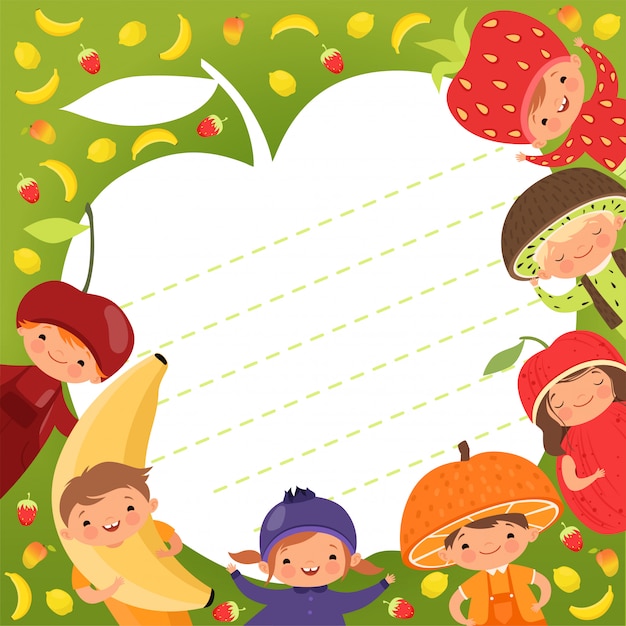 Modèle De Menu Pour Enfants. Fond Coloré Avec Illustrations Enfants Heureux En Costumes De Fruits