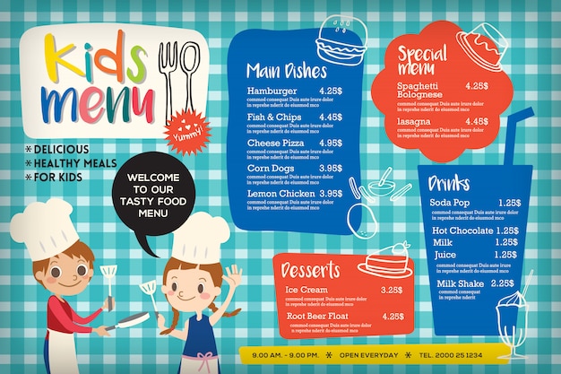 Vecteur modèle de menu repas mignon enfants colorés