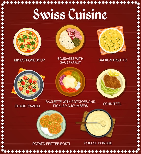 Modèle De Menu De Repas De Restaurant De Cuisine Suisse. Fritter Rosti, Saucisses Aux Raviolis De Choucroute Et De Blettes, Risotto Au Safran, Schnitzel Et Fondue Au Fromage, Soupe Minestrone, Raclette Aux Pommes De Terre Vecteur