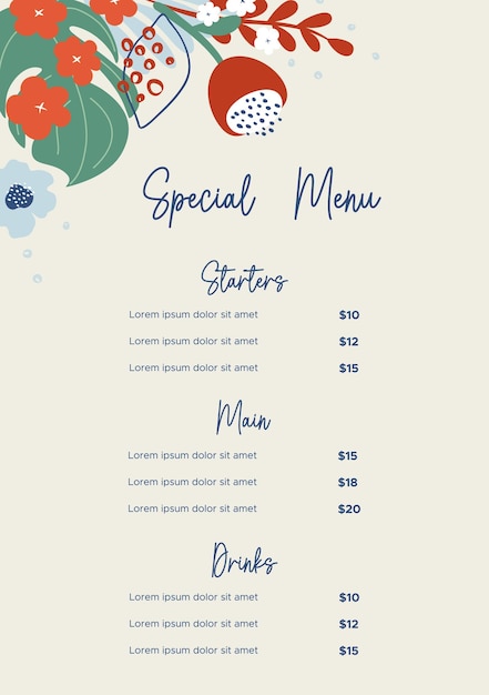 Modèle de menu de restaurant élégant beau fond avec des plantes tropicales illustration vectorielle