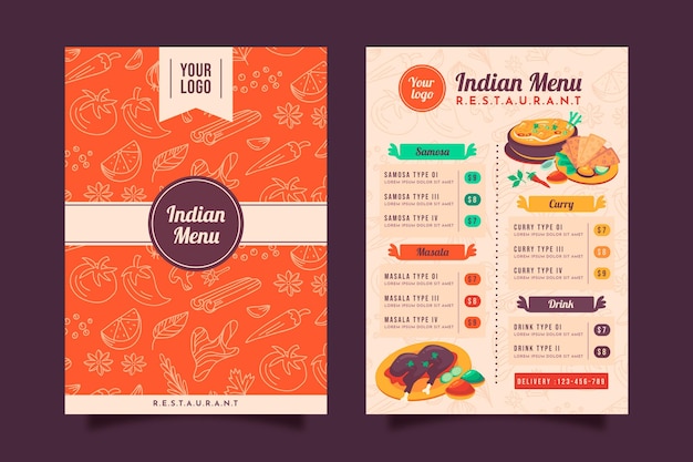 Vecteur modèle de menu de restaurant indien traditionnel design plat