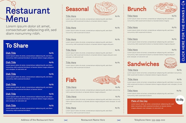 Vecteur modèle de menu de restaurant numérique horizontal
