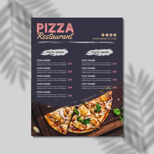 Vecteur modèle de menu de restaurant de pizza