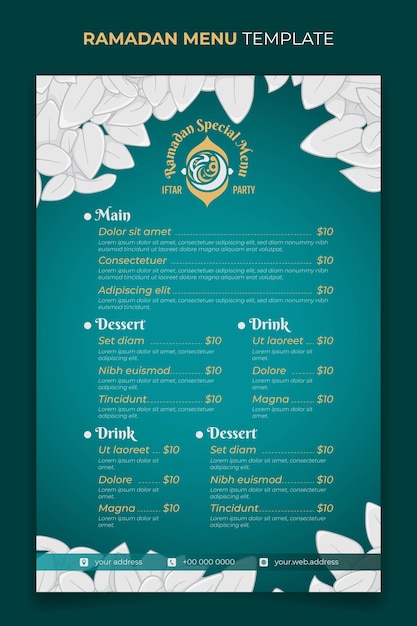 Vecteur modèle de menu de restaurant pour la conception de fête iftar ramadan avec fond ornemental de feuilles blanches