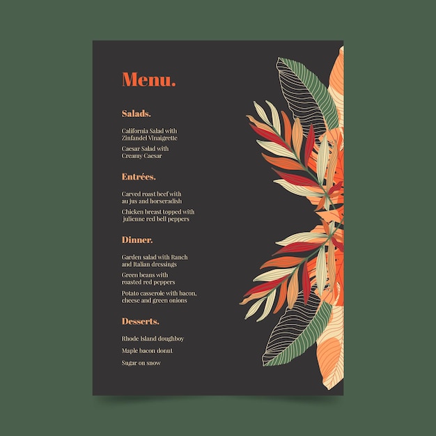 Vecteur modèle de menu de restaurant sombre avec ornements floraux