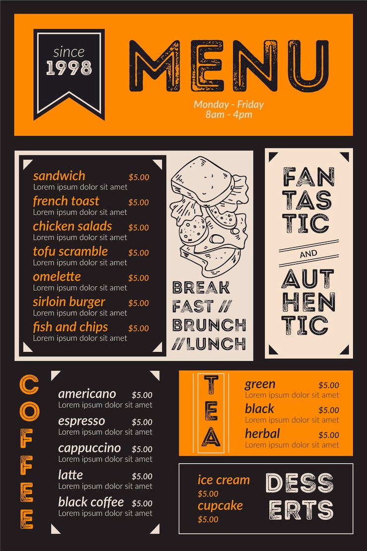 Vecteur modèle de menu de restaurant vertical illustré