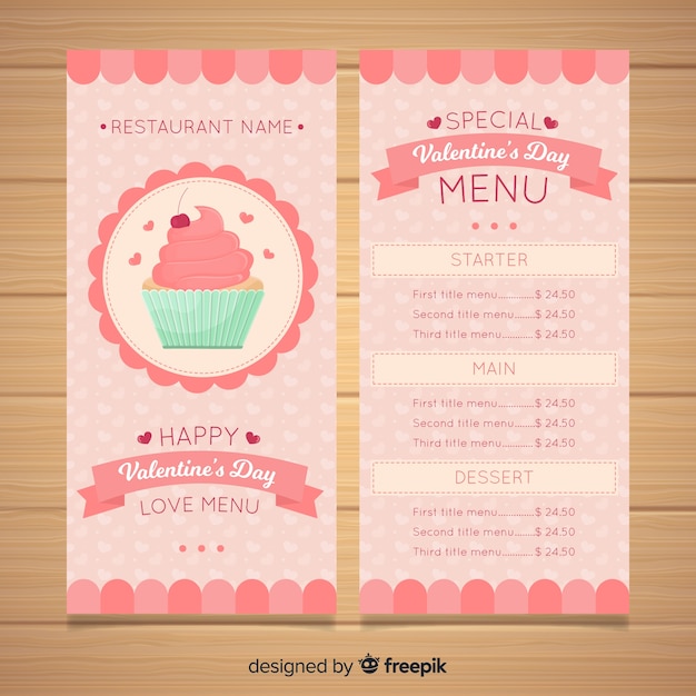 Vecteur modèle de menu saint valentin cupcake couleur pastel