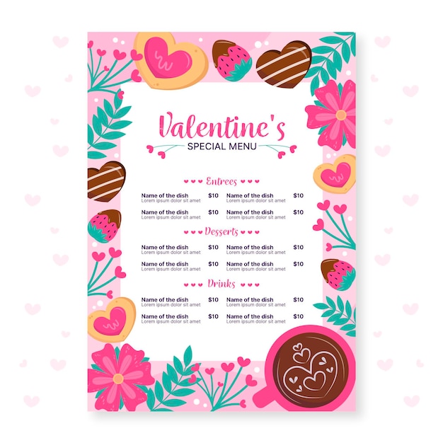 Modèle De Menu De Saint Valentin Dessiné à La Main