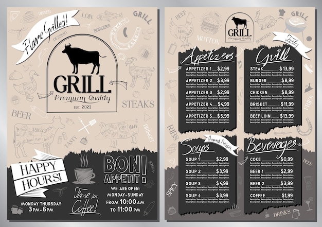 Vecteur modèle de menu de steakhouse et de grillades