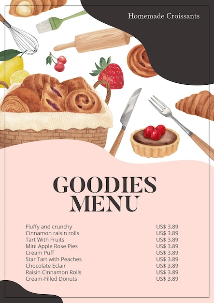 Vecteur modèle de menu avec style aquarelle de concept de jour de pâtisserie