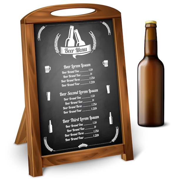 Vecteur modèle de menu sur tableau noir - pour la bière et l'alcool avec une bouteille de bière brune réaliste et une étiquette de bière avec place pour votre texte et votre conception. illustration vectorielle