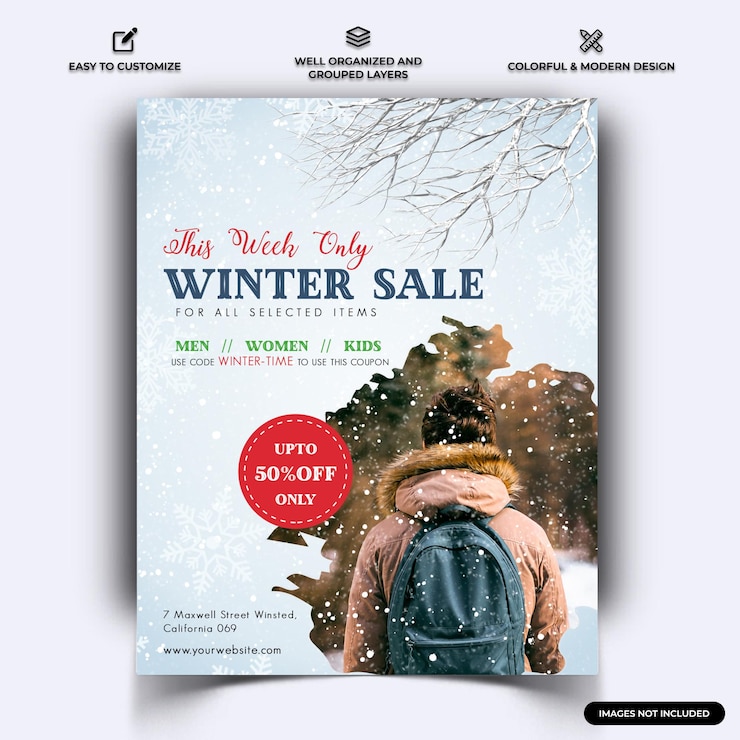 Vecteur modèle de message instagram pour les médias sociaux de vente d'hiver