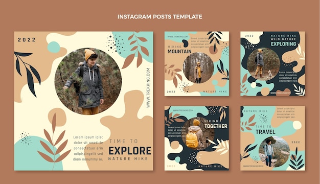 Vecteur modèle de messages instagram de trekking dessinés à la main