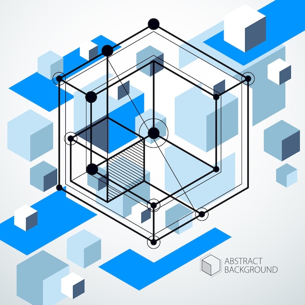 Modèle de mise en page de conception bleue 3D pour brochure, dépliant, affiche, publicité, couverture, arrière-plan moderne abstrait vectoriel. Composition de cubes, hexagones, carrés, rectangles et différents éléments abstraits