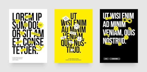 Modèle de mise en page avec des formes géométriques et des patchs yk étiquettes balises autocollants pour la couverture de l'affiche flyer