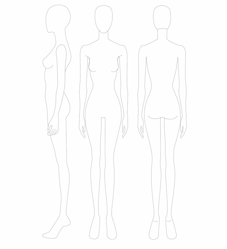 Vecteur modèle de mode de femmes dans différentes poses, 9 tailles de tête pour le dessin technique