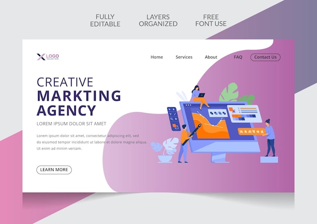 Vecteur modèle modifiable de conception de page de destination d'agence créative