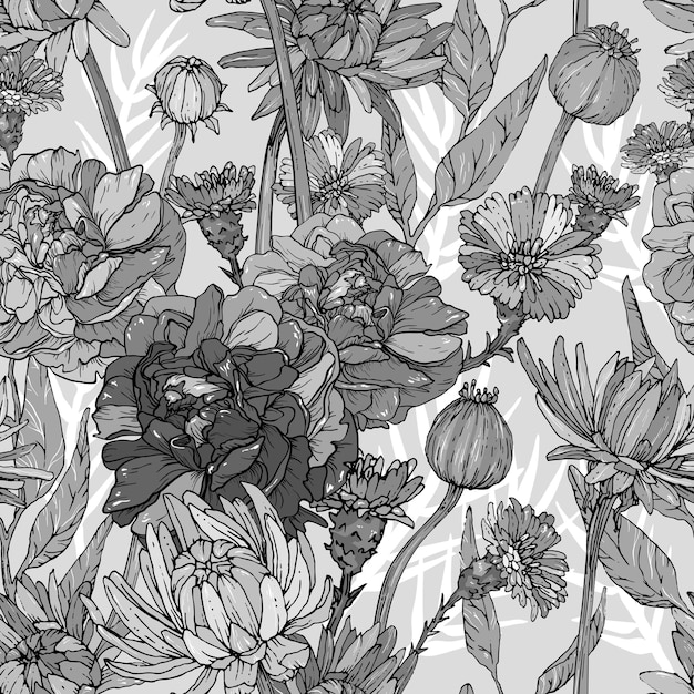 Modèle monochrome sans couture avec des fleurs dessinées à la main et des illustrations vectorielles de brunchs