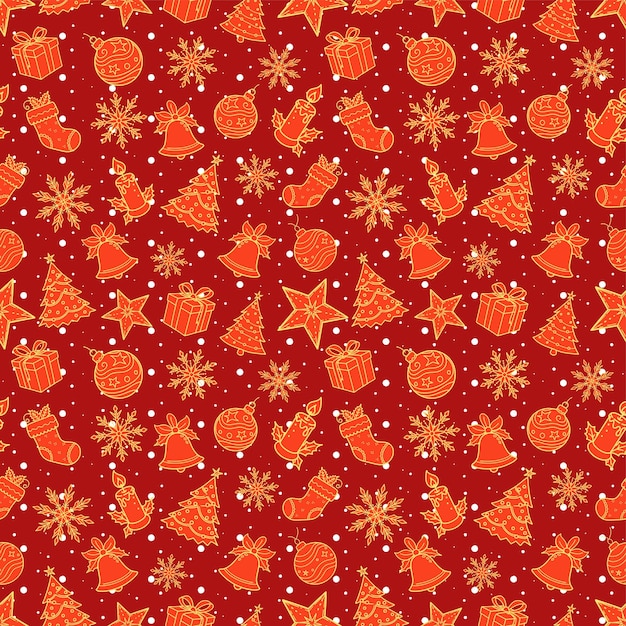 modèle de Noël sans couture avec des oranges et des flocons de neige sur un fond rouge