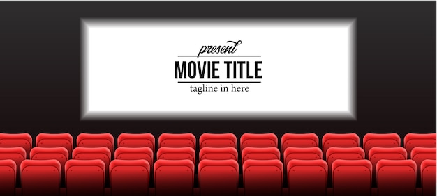 Vecteur modèle de nom de spectacle actuel avec sièges vides rouges au cinéma avec écran