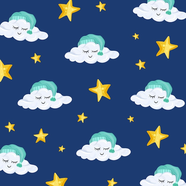 Modèle Avec Des Nuages Mignons Et Des étoiles En Style Cartoon Sur Fond Clair