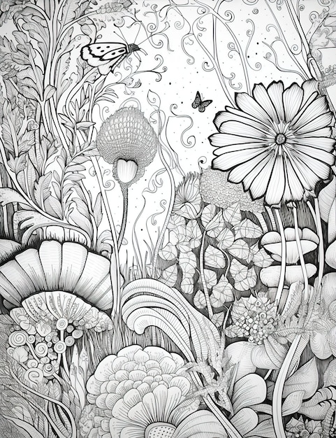 Vecteur modèle d'oodle représentant la nature sauvage avec différentes plantes et éléments livre de coloriage