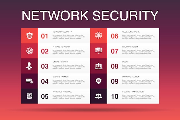 Modèle d'option d'infographie de sécurité réseau 10. réseau privé, confidentialité en ligne, système de sauvegarde, icônes simples de protection des données