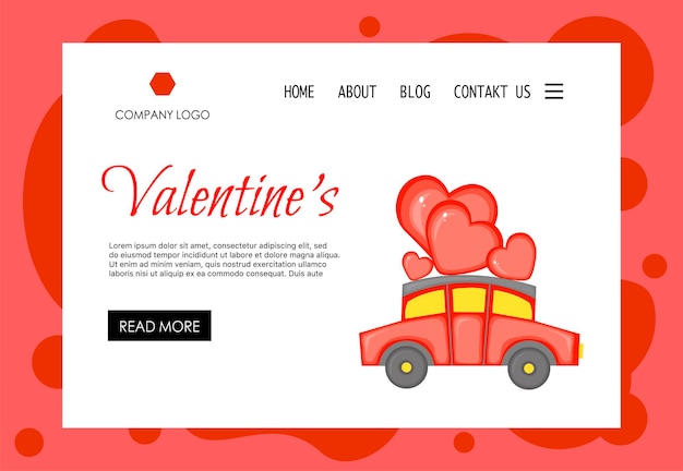 Vecteur modèle de page d'accueil de la saint-valentin avec voiture de livraison. style de bande dessinée. illustration vectorielle.