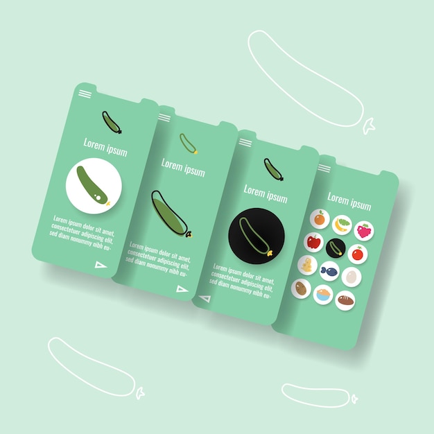 Modèle De Page D'application Mobile Avec Concombre Légume Contour Alimentaire Icône Illustration Vectorielle