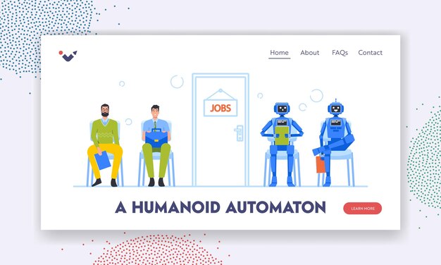 Modèle De Page D'atterrissage D'automatisation Humanoïde Cyborg Vs People Concept Robots Et Personnages Humains En Attente D'embauche Entretien D'embauche Assis En Ligne Au Bureau Avec Illustration Vectorielle De Dessin Animé Cv