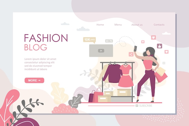 modèle de page d'atterrissage de blog de mode Femme de beauté prenant un selfie dans un magasin de vêtements Blogueuse
