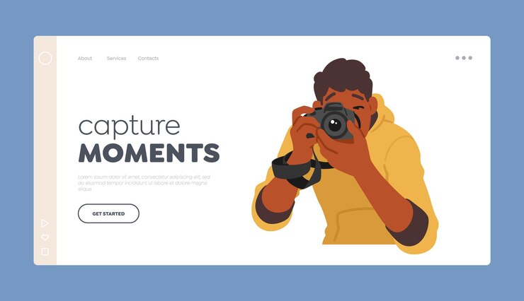 Vecteur modèle de page d'atterrissage capture moments le personnage d'un jeune homme capture des moments avec une caméra documentant ses voyages