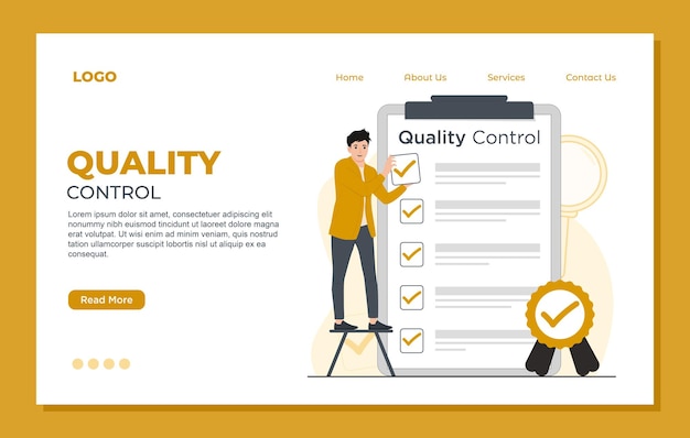 Modèle de page d'atterrissage de contrôle de la qualité concept de produit illustration vectorielle de certification ISO 9001