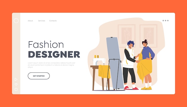 Modèle De Page D'atterrissage De Créateur De Mode Couturière Projetant Un Client D'enveloppement De Robe En Textile Devant Un Miroir En Atelier