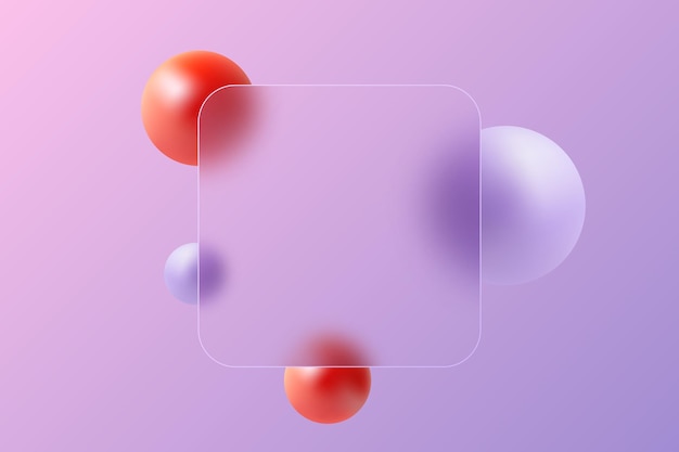 Modèle de page d'atterrissage du site Web dans le style du morphisme de verre Partition en verre glacé avec des sphères flottantes