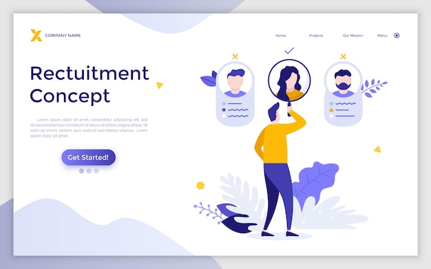 Modèle De Page D'atterrissage Avec Un Homme Regardant Les Portraits Des Gens à Travers Une Loupe Concept De Recrutement De Personnel Embauche Sélection De Personnel De Candidats Emploi Illustration Vectorielle Plane Moderne