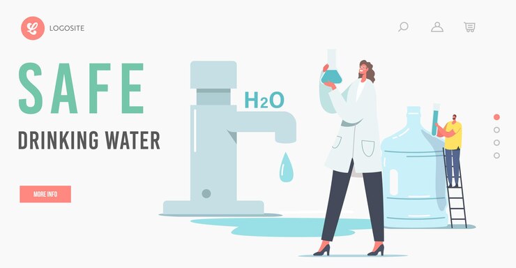 Vecteur modèle de page d'atterrissage pour l'eau potable sûre. minuscule scientifique personnage féminin tenir l'eau de recherche bécher en laboratoire. petit homme à une énorme bouteille en plastique et à un échantillon de test. illustration vectorielle de dessin animé
