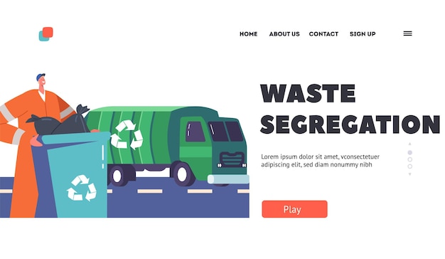 Vecteur modèle de page d'atterrissage pour la séparation des déchets conteneur de transport de personnage de concierge avec symbole de recyclage pour le chargement dans le camion