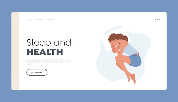 Modèle de page d'atterrissage pour le sommeil et la santé Personnage féminin paisible Porter un pyjama Sommeil ou sieste sur un oreiller dans la pose de l'embryon