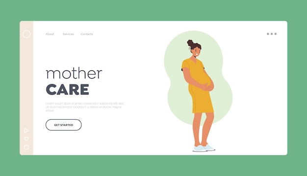 Modèle de page d'atterrissage de soins maternels Concept de grossesse et de maternité avec illustration de dessin animé de femme enceinte joyeuse