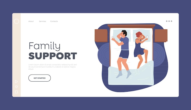 Modèle De Page D'atterrissage De Soutien Familial Jeune Couple Homme Et Femme Allongé Dans Son Lit Dos à Dos à L'aide De Smartphones Vue De Dessus