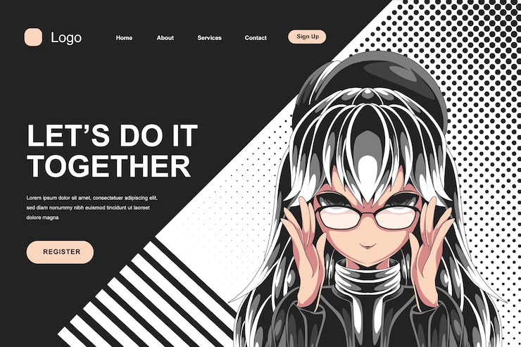 Vecteur modèle de page de destination anime femme sombre