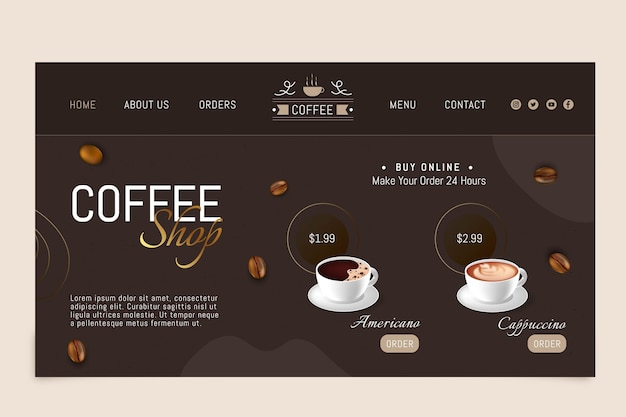 Vecteur modèle de page de destination de café