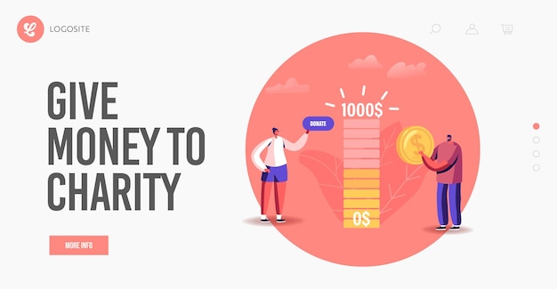 Vecteur modèle de page de destination de la charité. contribution, petit personnage masculin féminin faisant un don d'aide aux personnes dans le besoin. collecter de l'argent à l'aide de l'application mobile. l'homme et la femme font un don. illustration vectorielle de dessin animé