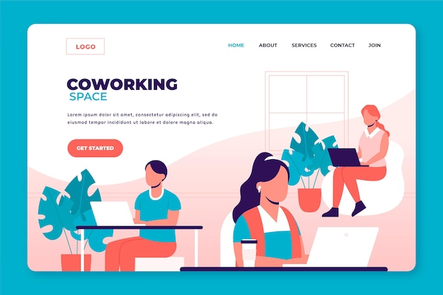 Modèle de page de destination de coworking dessiné à la main