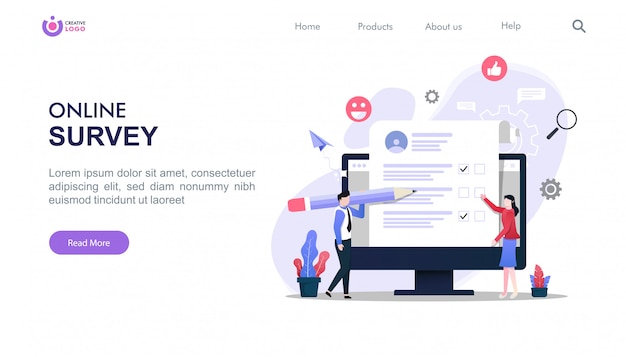 Modèle De Page De Destination Du Concept De Sondage En Ligne Avec Illustration De Personnages.
