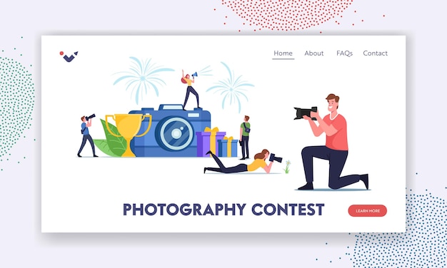 Modèle De Page De Destination Du Concours Photo. Les Personnages Participent Au Concours De Photographie, Au Tournoi Professionnel. De Minuscules Photographes Prennent Des Photos Avec Un Appareil Photo Dans Une énorme Tasse. Illustration Vectorielle De Gens De Dessin Animé