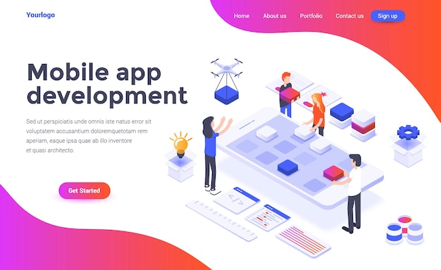 Modèle de page de destination du développement d'applications mobiles dans un style isométrique